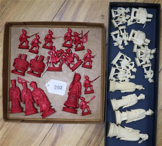 A 19th century Cantonese carved and stained ivory chess set, kings 11cm